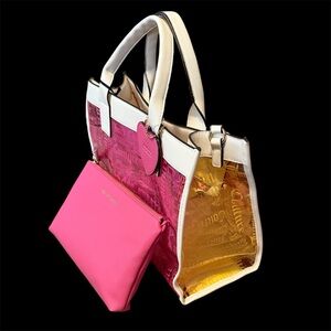 Juicy Couture Heart Beachin Large Tote Bag, Pink & Yellow PVC, White Handles NWT